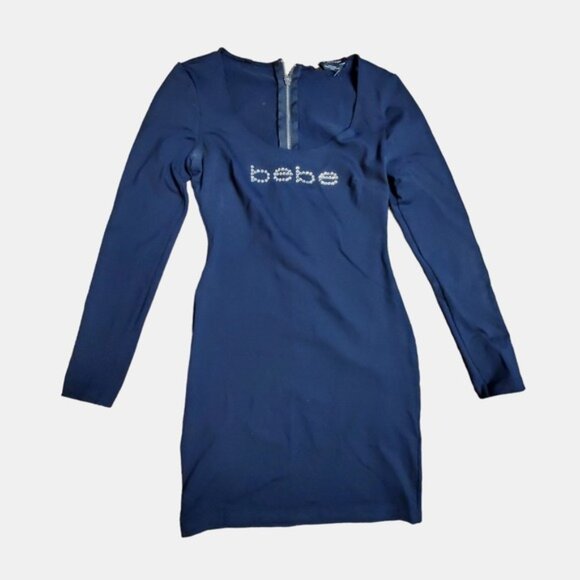 Bebe Women Blue Scoop Neck Rhinestone Studded Bodycon Mini Sweater Dress XS - Picture 1 of 8